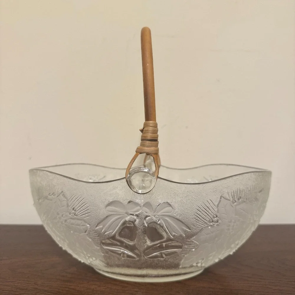 Vtg Frosted Clear Glass Holiday Basket Holly Berry Christmas Bells Woven Handle